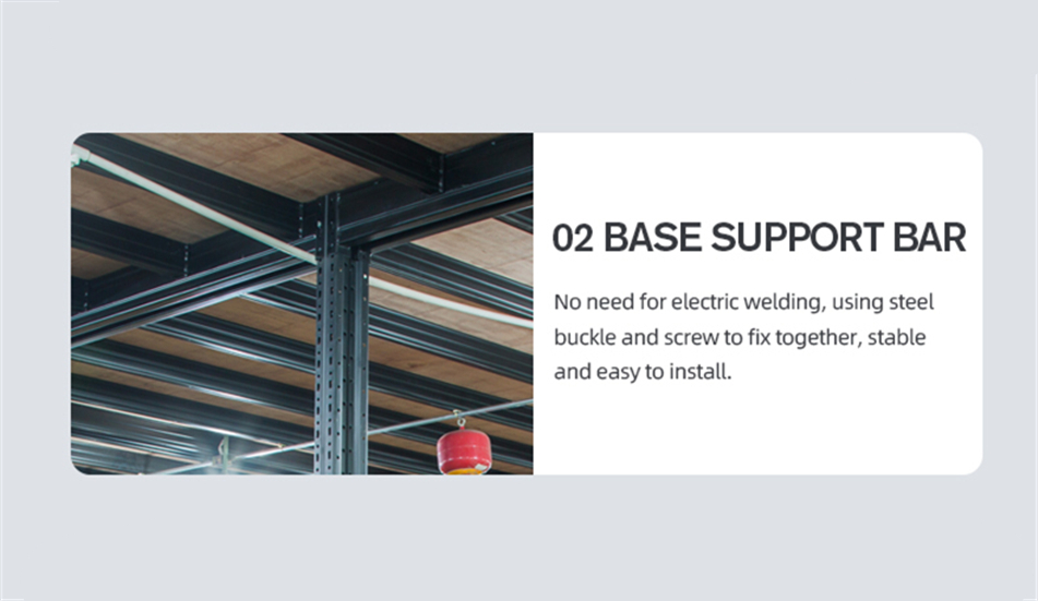Plywood decking or galvanized decking be placed on the support bar between the mezzanine beam. Plywood decking or galvanized decking be placed on the support bar between the mezzanine beam.